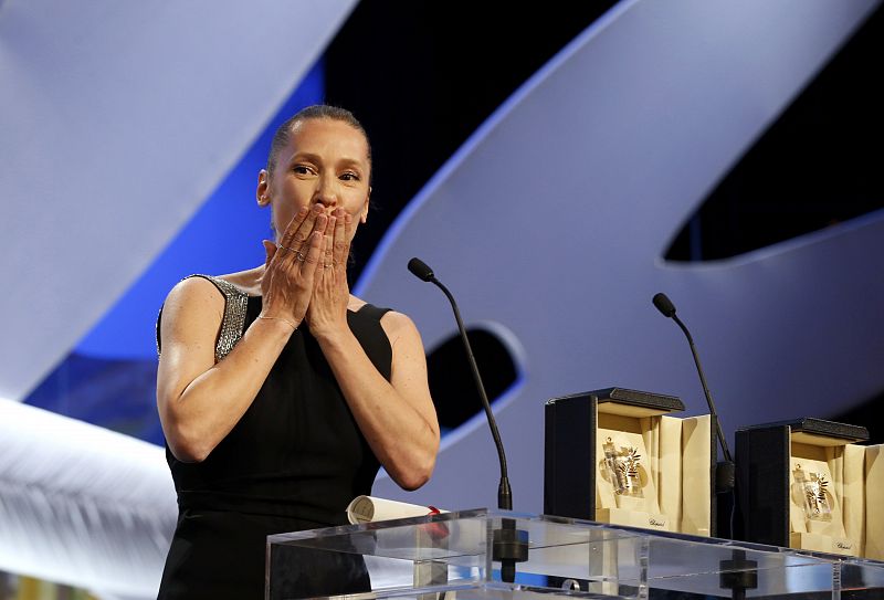 Actress Emmanuelle Bercot, Best Actress award winner for her role in the film  "Mon roi", reacts on stage during the closing ceremony of the 68th Cannes Film Festival in Cannes