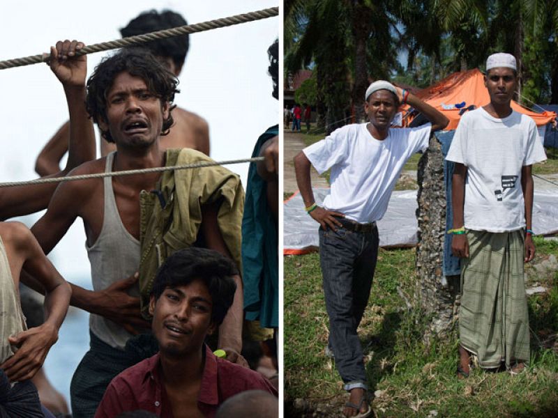 Foto del antes y el después de los migrantes Abdul Rasyid, 37 y el bengalí Sohidurrahman, 20.