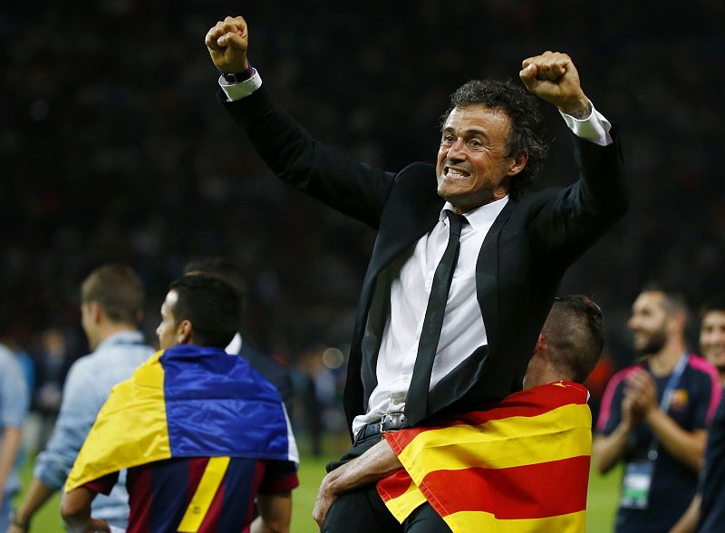 El entrenador del FC Barcelona, Luis Enrique Martínez, celebra la victoria ante la Juventus de Turín.