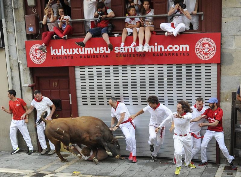 Uno de los toros de Jandilla arremete contra uno de los corredores 