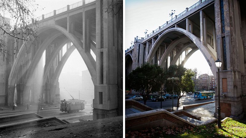 Tranvía que cubría la línea 3, Plaza Mayor-Extremadura en 1954 y foto actual de la misma zona (Madrid)