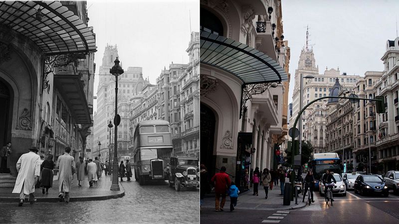 Autobús que cubría la línea entre Cea Bermúdez y Cartagena en 1954 y foto actual de la misma zona (Madrid)