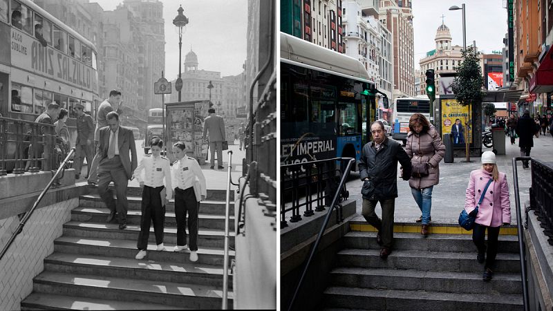 Estación de metro de Santo Domingo y autobús de la línea 1 en 1954 y foto actual de la misma zona (Madrid)