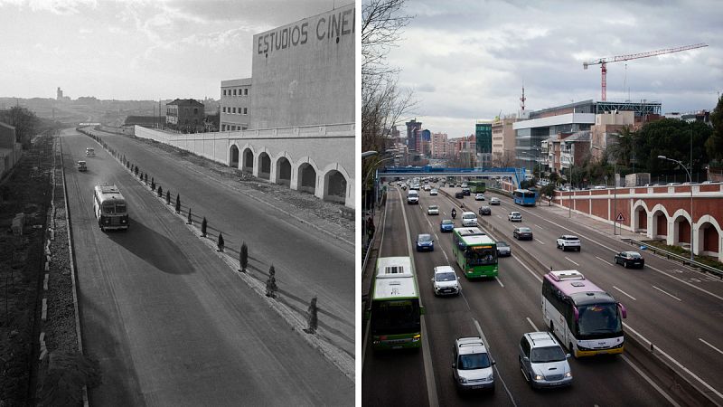 Autobús que cubría el recorrido Madrid-Barajas en 1954 y foto actual de la misma zona (Madrid)