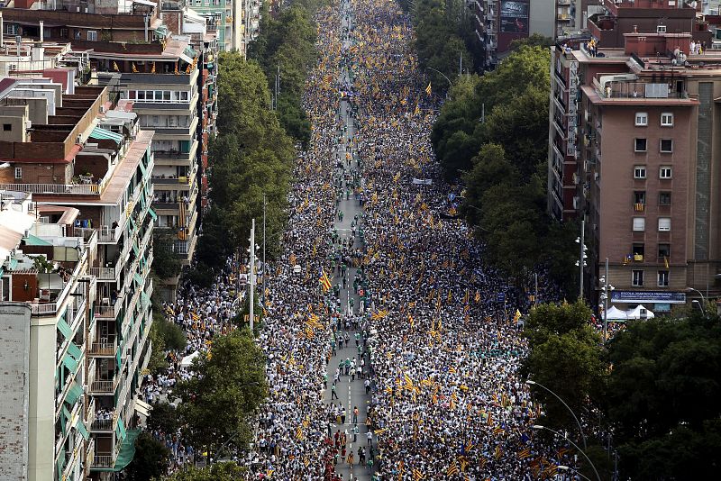 Miles de personas esperan en la avenida Meridiana de Barcelona el comienzo de la Via Lliure la gran manifestación por la Diada de Cataluña.