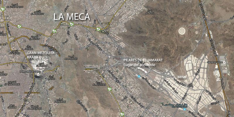 Mapa de la Meca con la localización del lugar de la avalancha en los Pilares de El Jamarat