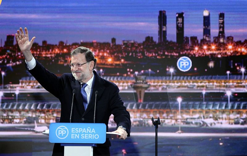 El presidente del Gobierno, Mariano Rajoy, durante el acto de inicio de campaña en la sede nacional del PP, en Madrid.