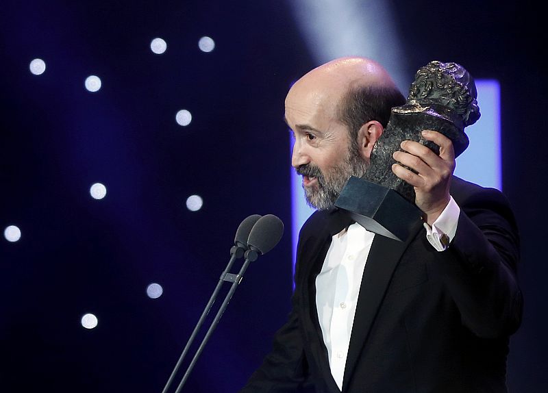 Camara delivers his acceptance speech as he holds his Best Supporting Actor trohpy during the Spanish Film Academy's Goya Awards ceremony in Madrid