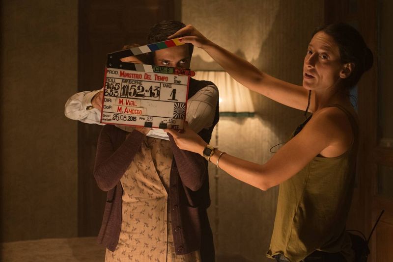  A punto de rodarse una escena del asesino con el cuchillo amenazando a una mujer en 1946