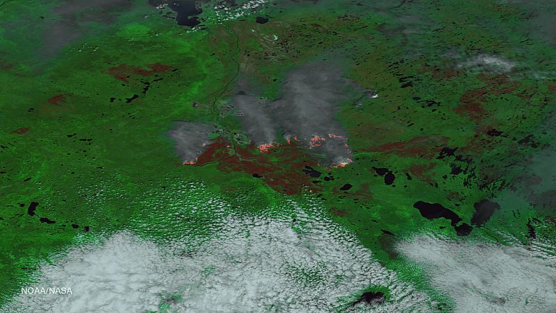 Una imagen del satélite Suomi NPP muestra la devastación de los incendios en Alberta