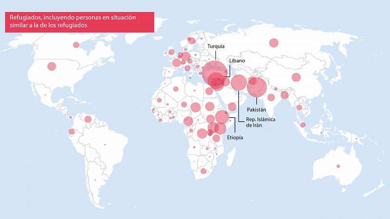 Mapa mundal del alojamiento de desplazados por países de acogida