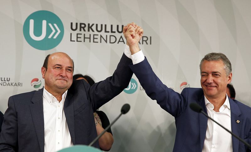 El presidente del PNV, Andoni Ortuzar, y el lehendakari, Iñigo Urkullu, celebran la victoria electoral en la sede central del PNV en la capital vizcaína