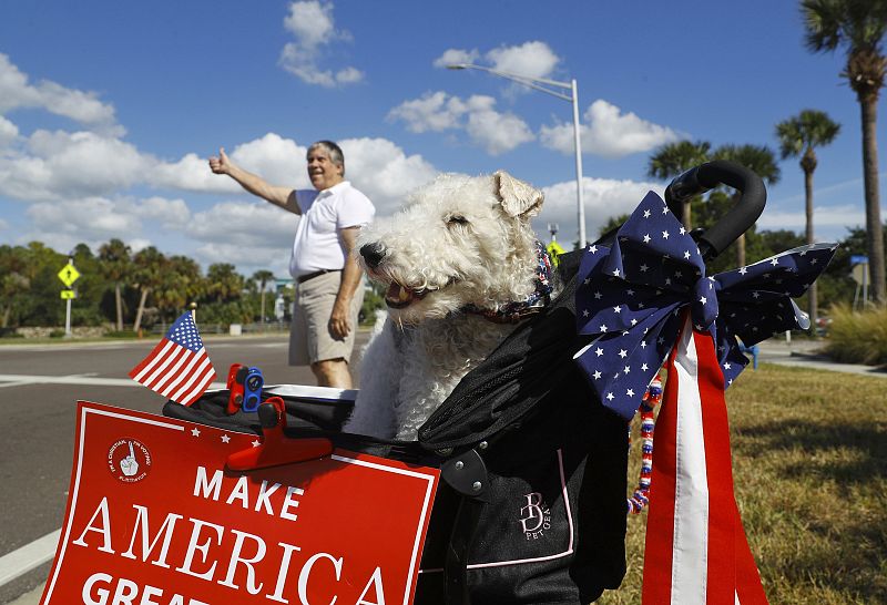 Pintoresca imagen la que deja este seguidor de Trump, que ha acudido a votar junto a su perro Cooper en Florida.