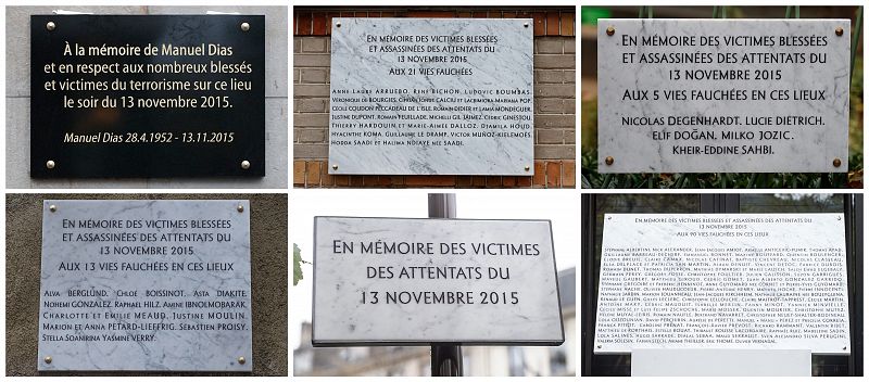 Combo de fotografías de las seis placas conmemorativas instaladas en los lugares de los ataques