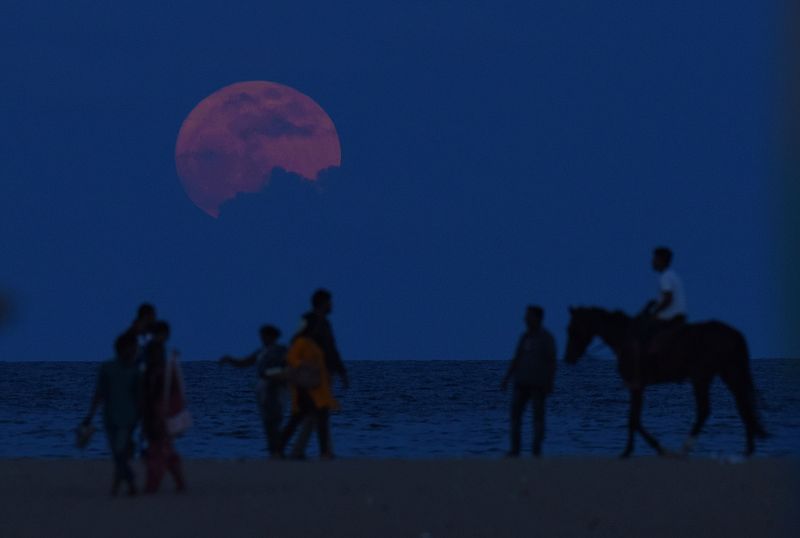 Un hombre a caballo pasea junto a un grupo de gente que observa la luna llena en Marina Beach, en la ciudad india de Chennai.