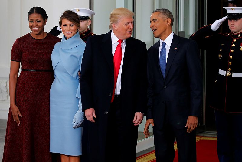 The Obamas greet the Trumps for tea before the inauguration at the White House in Washington