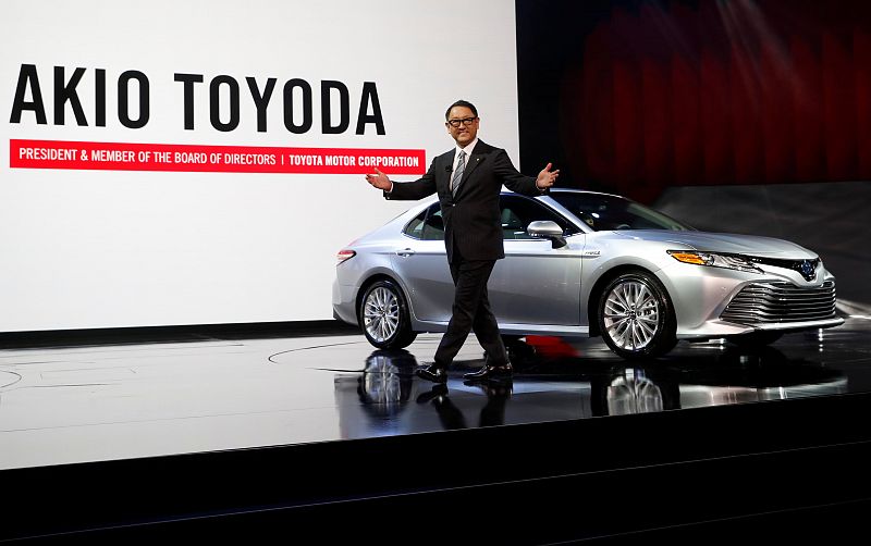 FILE PHOTO - Akio Toyoda, president of Toyota Motor Corporation, introduces the 2018 Camry XLE during the North American International Auto Show in Detroit