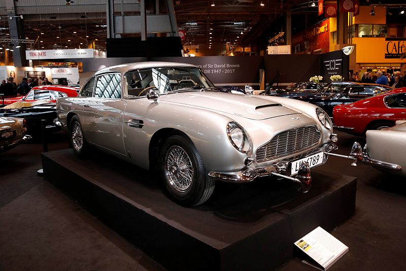 The 1964 Aston Martin DB5 driven by actor Sean Connery as James Bond in both Goldfinger and Thunderball films is displayed at the Paris Retromobile fair in Paris
