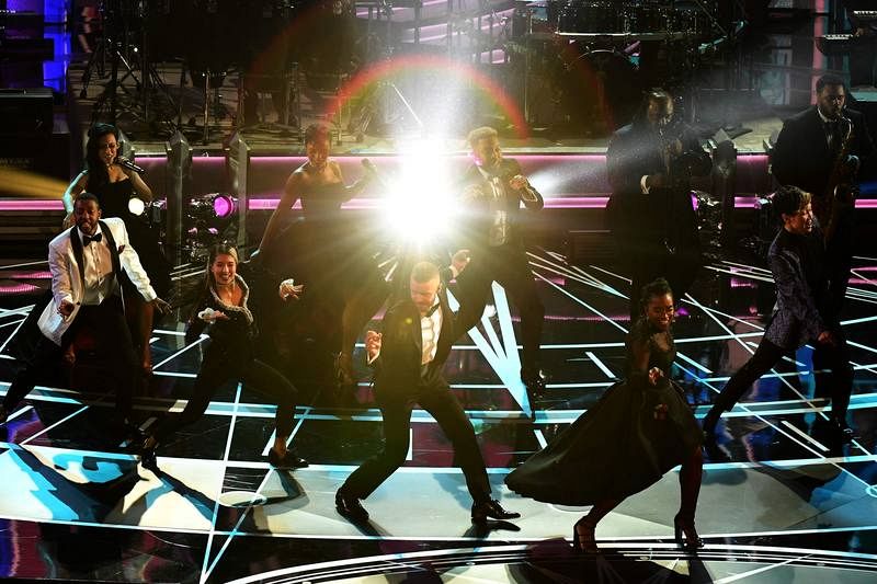 El cantante Justin Timberlake, durante la actuación de apertura de la gala de los Oscar 2017