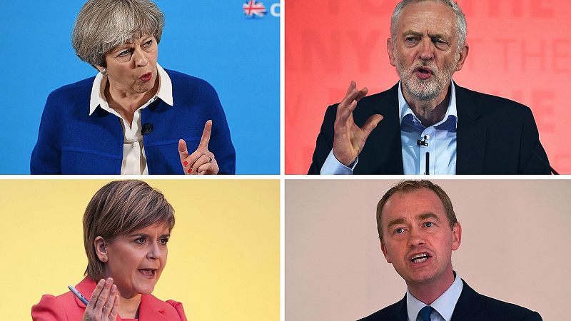 De izquierda a derecha y de arriba a abajo: Theresa May (conservadores), Jeremy Corbyn (laboristas), Nicola Sturgeon (Partido Nacionalista Escocés) y Tim Farron (liberal-demócratas)