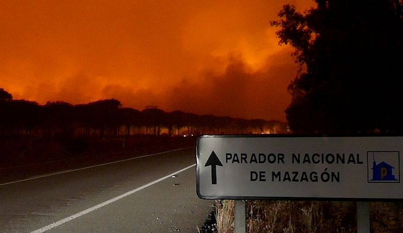 Imagen del incendio declarado en el paraje La Peñuela de Moguer (Huelva). El fuego ha entrado en el Espacio Natural de Doñana, según ha confirmado el consejero de Medio Ambiente y Ordenación del Territorio, José Fiscal.