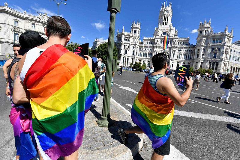 Participantes en la manifestación del World Pride 2017 envueltos en la bandera arcoiris esperan en Cibeles el paso de la marcha
