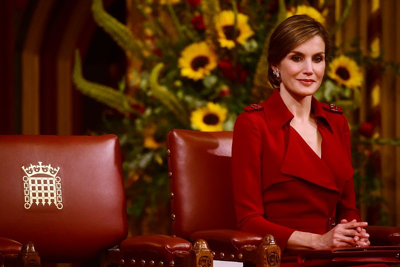 Spain's Queen Letizia sits and listens as Spain's King Felipe delivers a speech at the Palace of Westminster in London