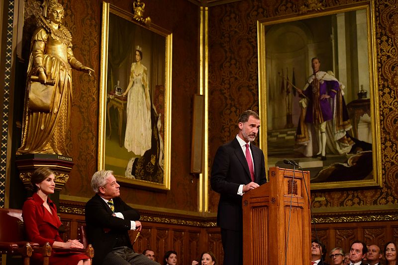 Spain's King Felipe delivers a speech at the Palace of Westminster in London