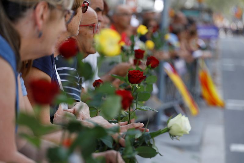 Numerosos asistentes a la manifestación muestran rosas blancas, amarillas y rojas, colores de la bandera de Barcelona, en recuerdo a las víctimas del atentado.