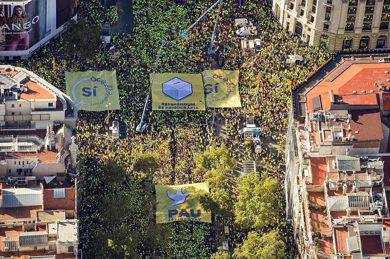 Cuatro pancartas gigantes se han desplegado en la manifestación de la Diada, con los lemas "Paz y libertad", "Referéndum es democracia" y "Sí". Se han encontrado en el centro de la cruz que han hecho los manifestantes