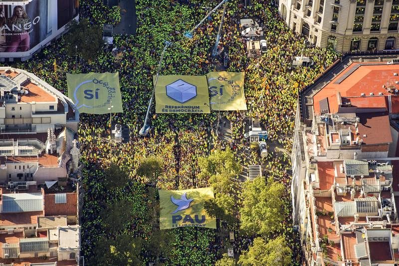 Cuatro pancartas gigantes se han desplegado en la manifestación de la Diada, con los lemas "Paz y libertad", "Referéndum es democracia" y "Sí". Se han encontrado en el centro de la cruz que han hecho los manifestantes