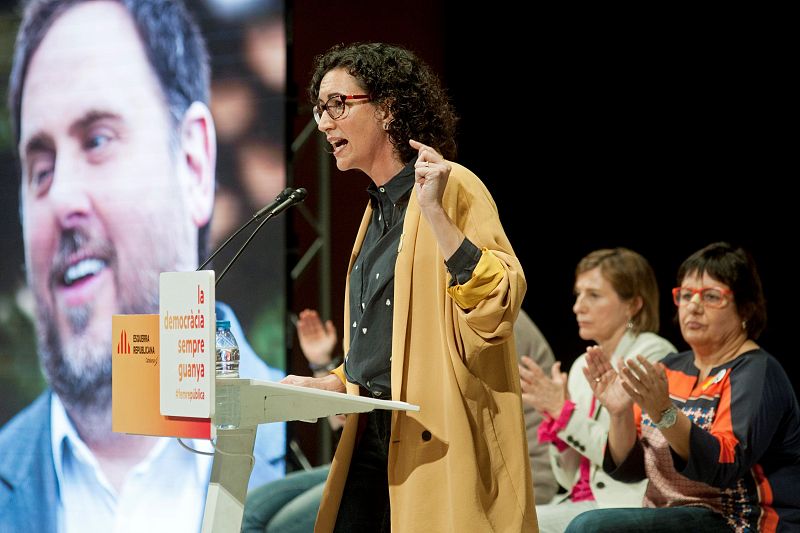La secretaria general de Esquerra Republicana, Marta Rovira, durante su intervención en el acto electoral que los republicanos han celebrado esta tarde en Girona.