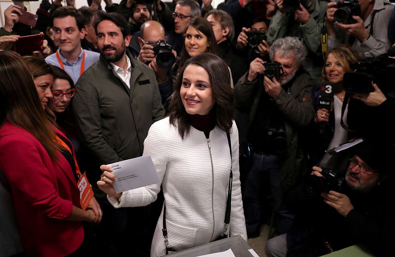 Ines Arrimadas, leader of Ciudadanos in Catalonia, votes at a polling station in Barcelona