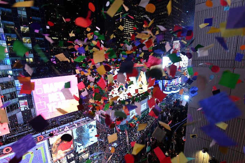 Confetti falls in Times Square just after midnight during New Year celebrations in New York City