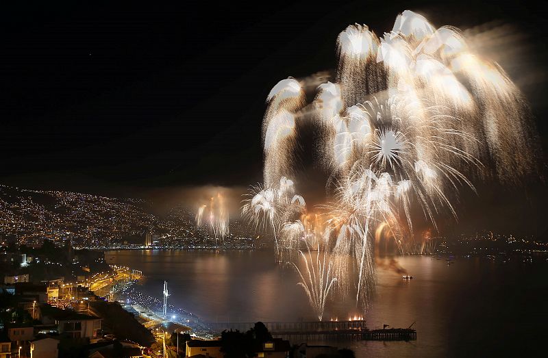 Fireworks explode during a pyrotechnic show to celebrate the new year in the coastal city of Valparaiso.