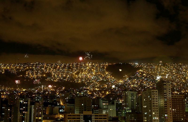 Fireworks explode during New Year celebrations in the city of La Paz