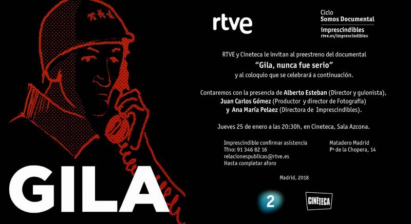 Invitación para el prestreno del documental "Gila nunca fue serio" en 'Cineteca'