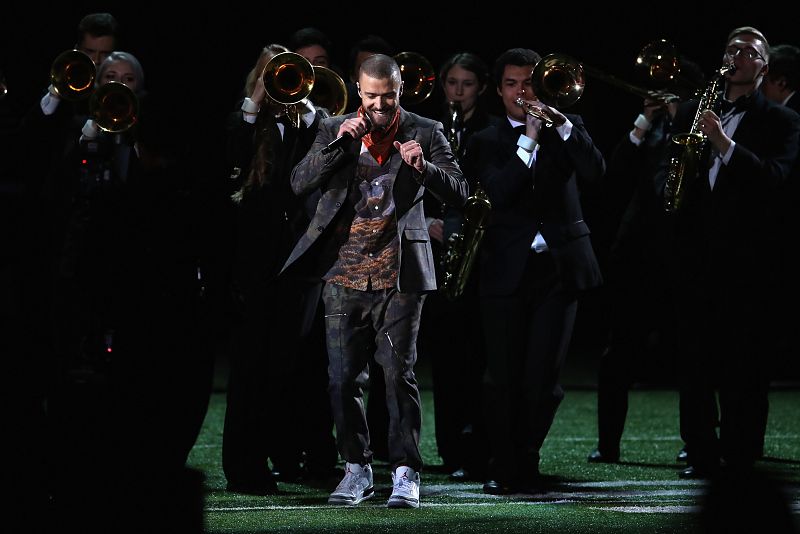 Justin Timberlake, en un lance de su actuación en la Super Bowl