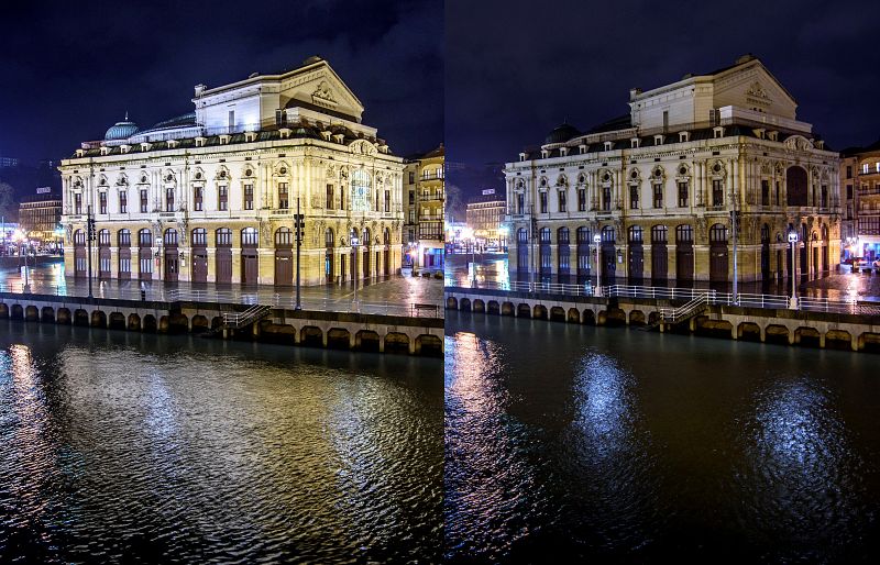 Vista del Teatro Arriaga de Bilbao antes y después del apagón con motivo de la Hora del Planeta