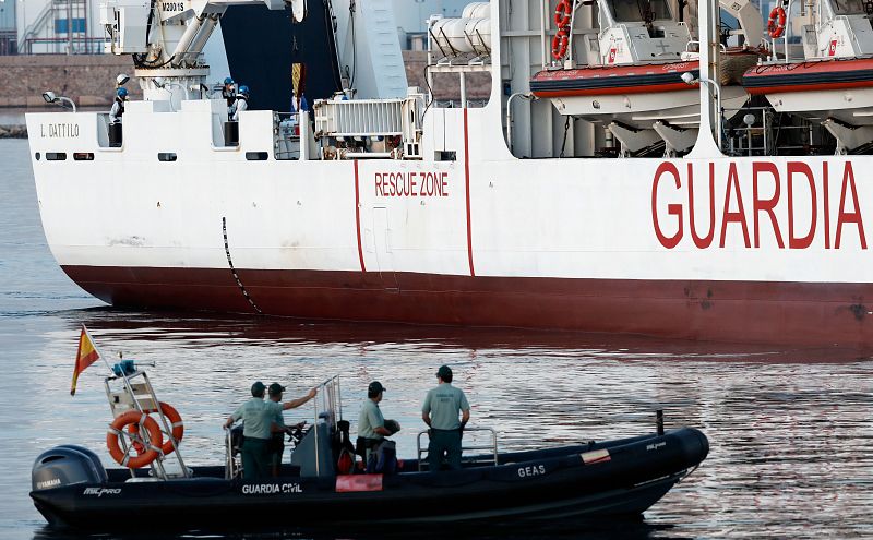 Una patrulla de la Guardia Civil acompaña al Dattilo en el puerto de Valencia