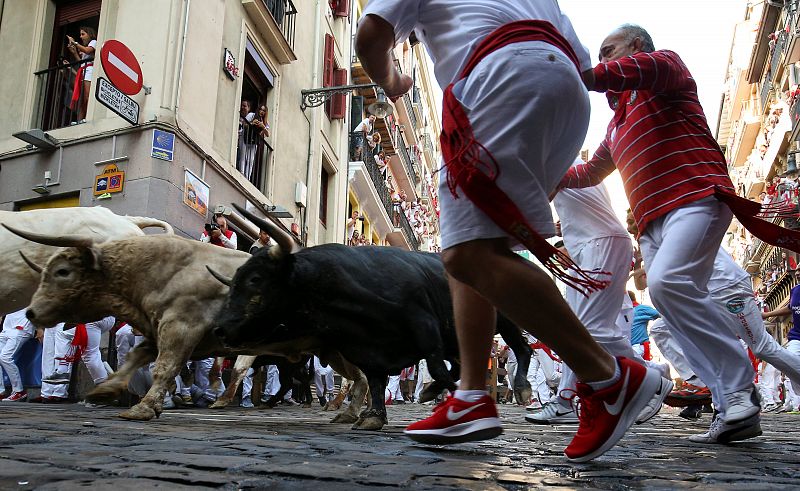 Revellers sprint in front of bulls during the fifth running of the bulls of the San Fermin festival in Pamplona