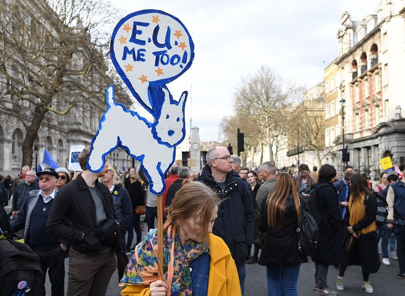 Una mujer sostiene una pancarta en la que se observa un dibujo de Milú, el perro de Tintín, bajo el texto "UE yo también"