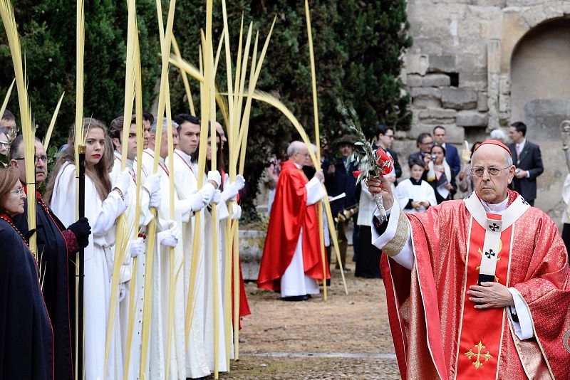 El cardenal Ricardo Blázquez, arzobispo de Valladolid y presidente de la Conferencia Episcopal, bendice en la catedral las palmas de los feligreses que participan en la procesión del Domingo de Ramos