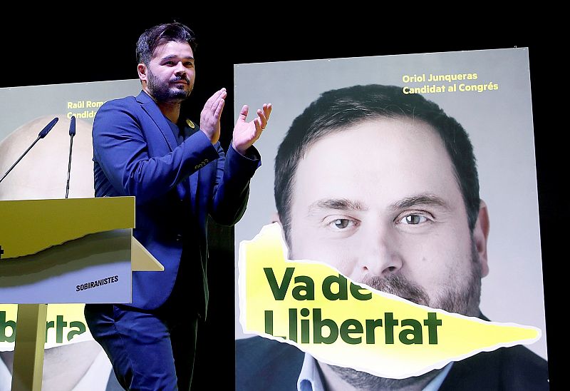 El candidato de ERC al Congreso Gabriel Rufián celebra la victoria de su partido en Cataluña tras las elecciones generales del 28A. 