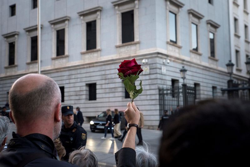 Cientos de ciudadanos con rosas se han acercado al Congreso de los Diputados para dar el último adiós a Rubalcaba.