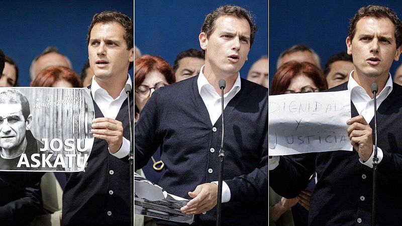 El líder de Ciudadanos, Albert Rivera, ha roto un cartel que pedía la libertad del exdirigente de ETA Josu Ternera y lo ha remplazado por otro en el que podía leerse "dignidad y justicia" durante un acto celebrado en Miravalles (Vizcaya), pueblo nata