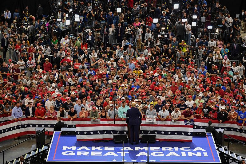 Los mensajes de Trump en su mitin en Orlando han sido un eco de su campaña de 2016 . Mandel Ngan/Afp