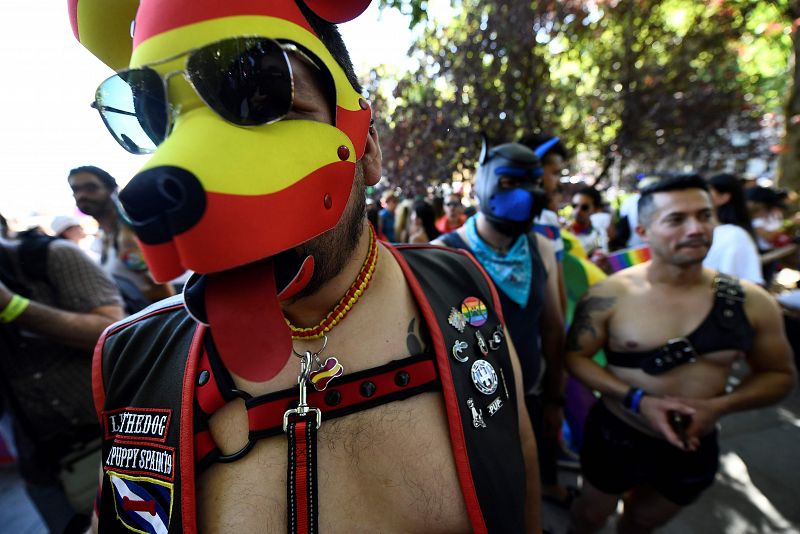 Una persona con una careta de perro con los colores de la bandera de España momentos antes del inicio del desfile del Orgullo