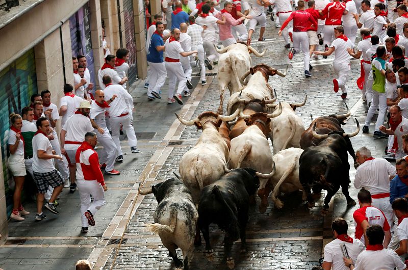 Los toros se resbalan en el pavimento mojado