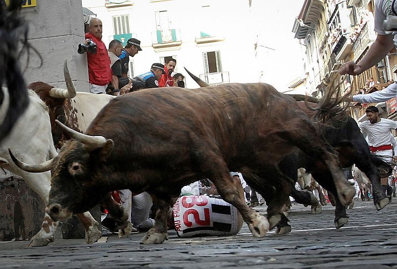 Los toros de la ganadería de La Palmosilla, de Tarifa (Cádiz), a su paso por la curva de la calle de Mercaderes.